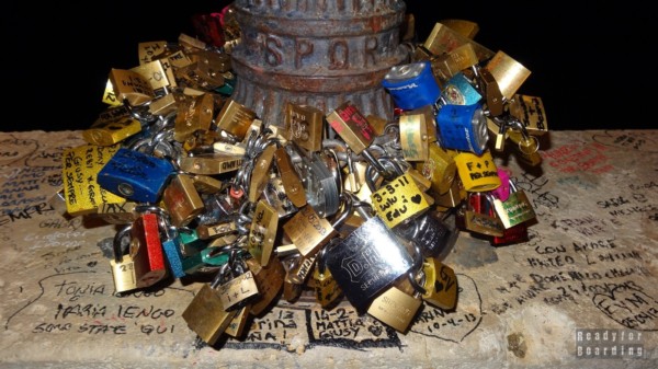 Rome at night, a padlock on the Ponte Milvio bridge